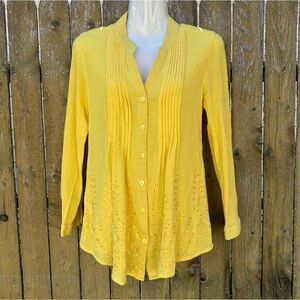 Soft Surroundings Glam Gauze Pleated Eyelet Blouse in Lemon Drop Sz XS*